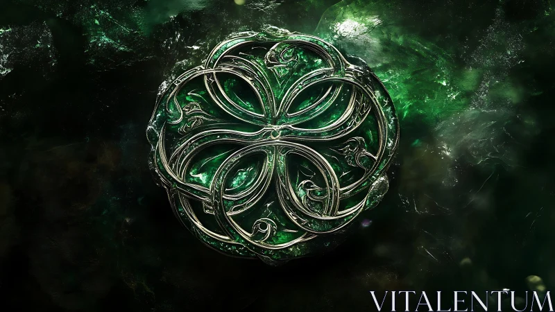 Emerald Celtic medallion with intricate silver filigree design.