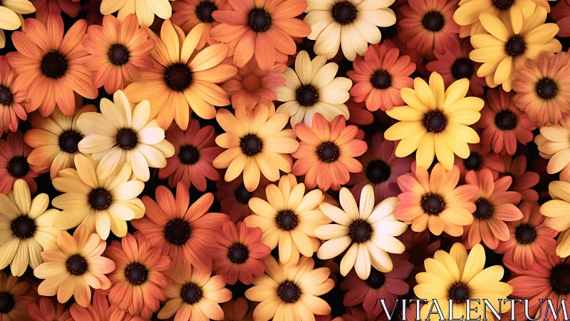 Vibrant daisy flowers densely clustered with warm color palette