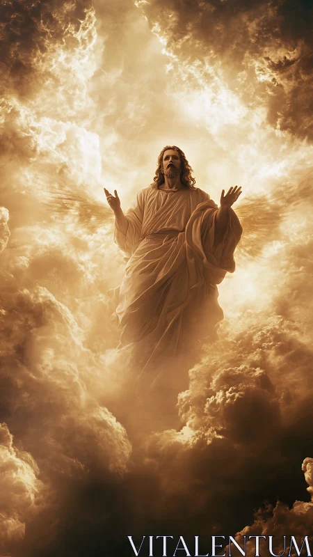 Radiant figure rising gently through glowing golden clouds.