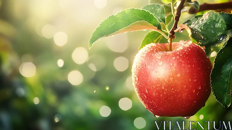 Ripe red apple hangs in soft sunlight with dewy glow.