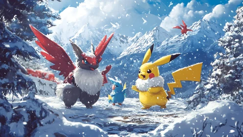 Pokemon characters in snowy conifer forest with mountains backdrop.
