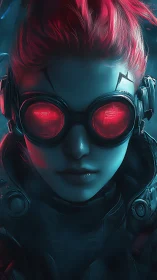 Cyberpunk figure wears red-lensed goggles in blue lighting