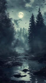 Moonlit ravens circling above misty forest river at dusk.