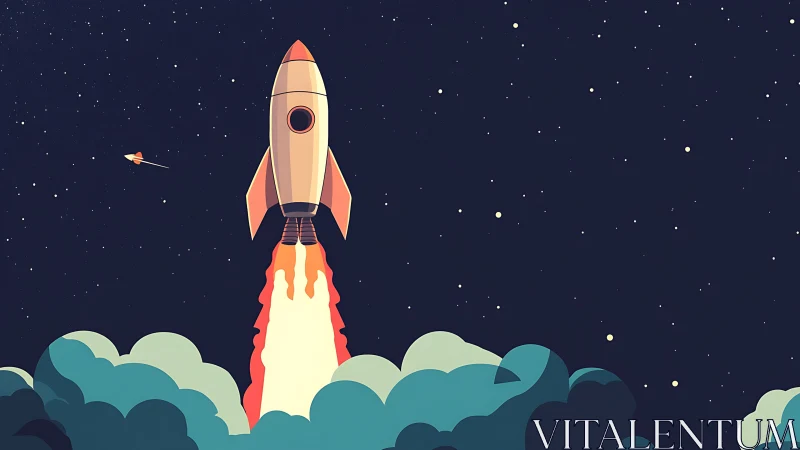 Stylized rocket launches into a starry midnight sky