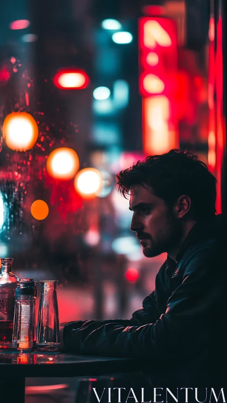 Man sitting alone at bar table in neon city night scene.
