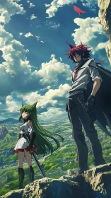Anime warriors stand above sunlit valley under vast sky.