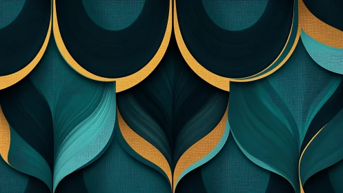 Layered teal leaf motifs intersect with gold arcs in rhythmic symmetry