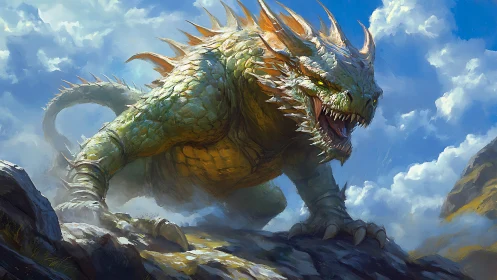Dragon stands roaring on rocky slope under bright sky