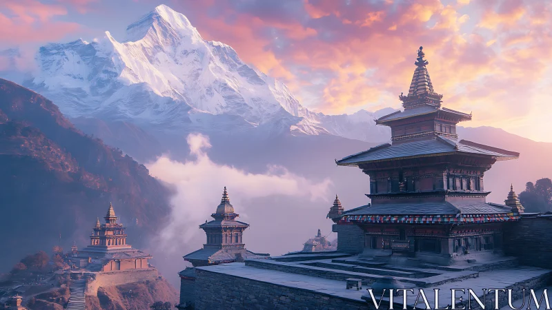 Tiered Himalayan temples beneath glaciated sunrise massif.