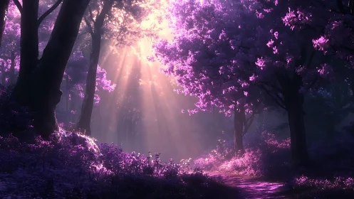 Luminous violet forest path under cascading sunbeams.