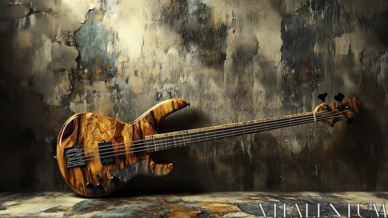 Exotic wood bass guitar rests against textured grunge wall.