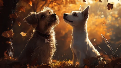 Two dogs interacting in golden autumn light with falling leaves.