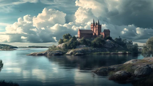 Majestic Castle on Island Through Dramatic Clouds.