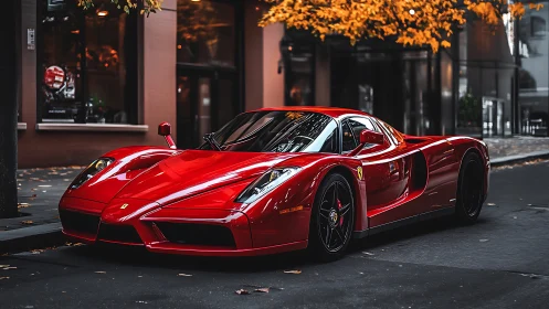 Red supercar resting under soft autumn city light.