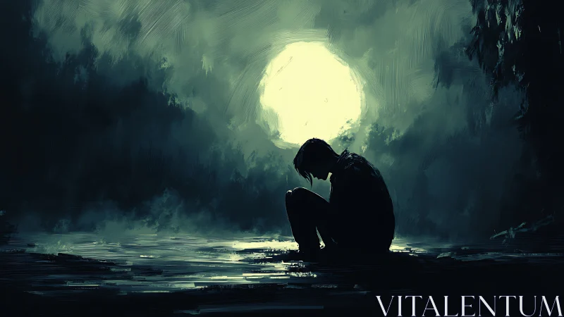 Moonlit solitude wraps a bowed figure in restless shadows.