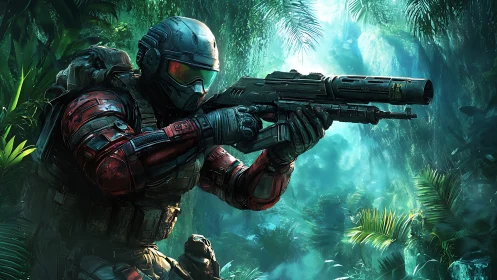 Armored space marine stalks an alien jungle in tense silence