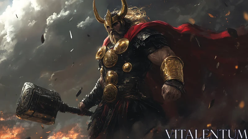 Stormcrowned warlord strides through embers with thunderous resolve