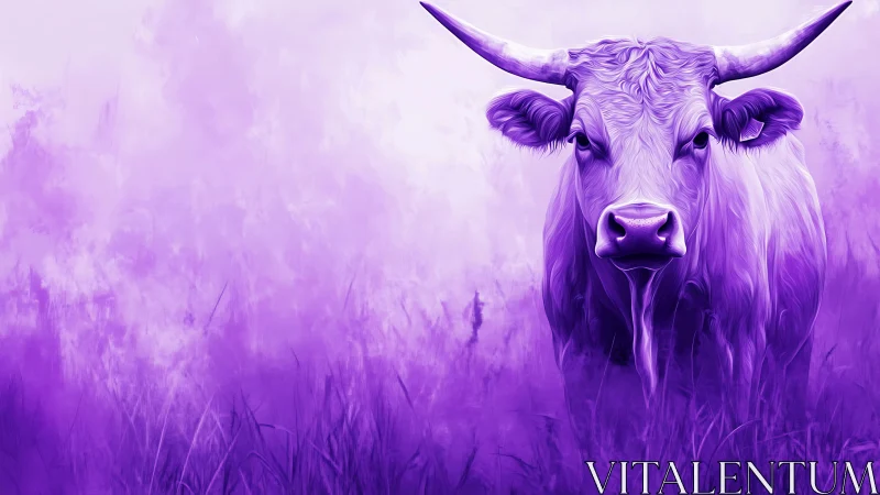 Purple-toned digital illustration of horned bovine in grassland.