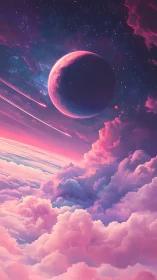 Celestial crescent planet rises above neon pink clouds.