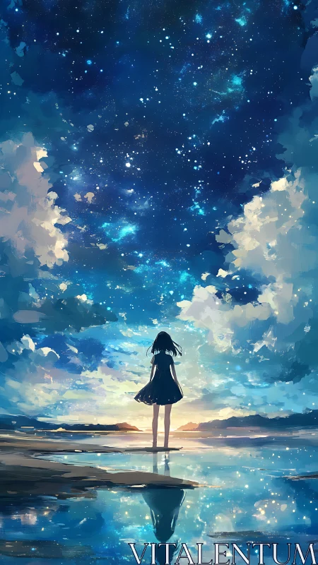Girl under a luminous night sky contemplates infinity