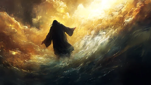 Radiant figure walking through stormy golden waves of light.