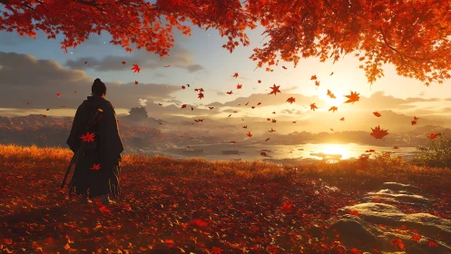 Samurai silhouette in volumetric autumn sunset environment.