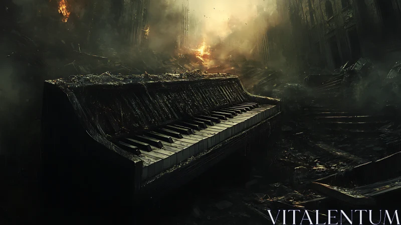 Ruined city piano holding quiet notes in the embers.
