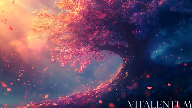 Radiant bioluminescent tree curves into glowing atmospheric void