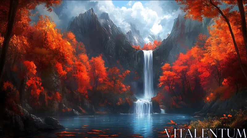 Crimson forest sanctuary crowned by silver veiled waterfalls.