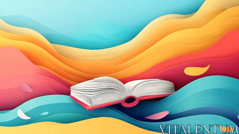 Open book drifts through layered waves of vivid color.