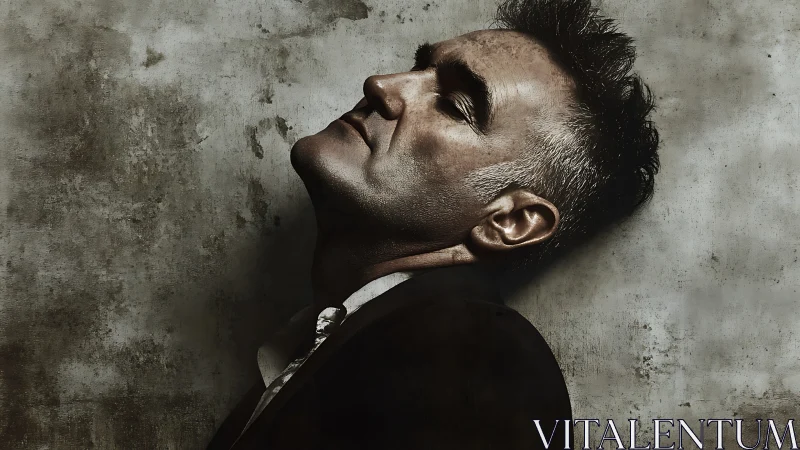 Moody side-profile portrait against weathered concrete wall.