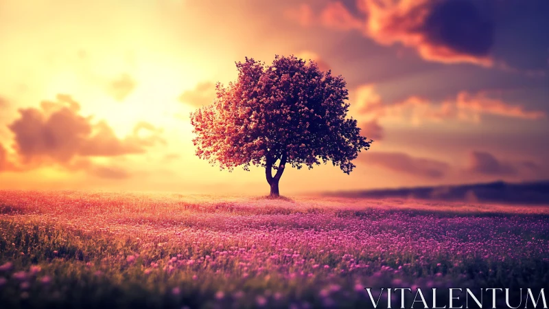 Solitary blossom tree under radiant violet sunset sky.