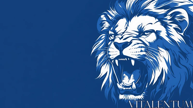 Roaring lion head illustration on solid blue background.
