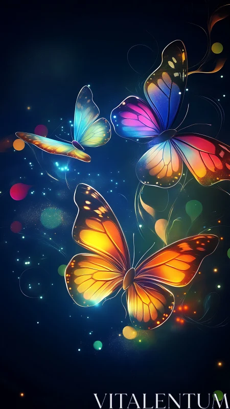 Colorful glowing butterflies on dark abstract background.