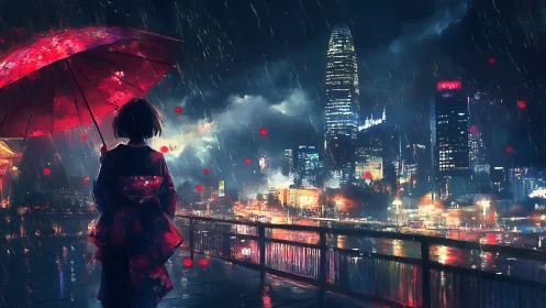 Solitary figure observes neon metropolis under torrential rain