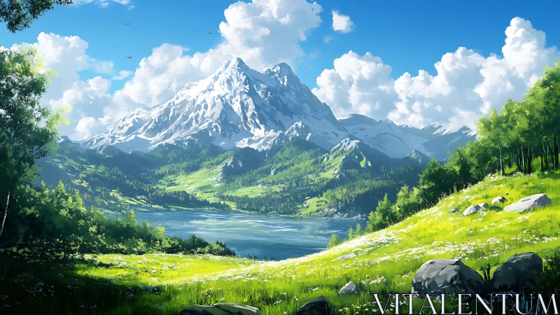 Sunlit alpine lake beneath a storybook crown of peaks.