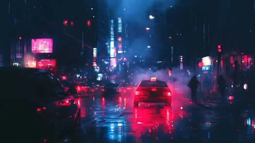 Neon taxi glides through misty cyberpunk city streets.