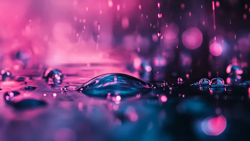 Neon macro droplet surface in shallow depth-of-field study.