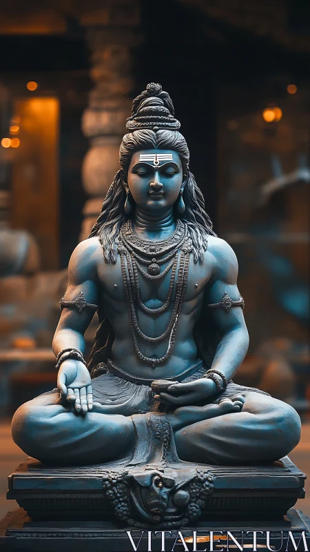 Seated meditative deity statue with detailed ornamentation.