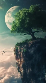 Lone cliffside tree greeting a colossal moon above clouds.