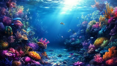 Radiant coral canyon beneath shimmering ocean light beams.