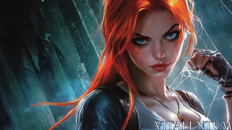 Red haired woman in urban setting with intense direct gaze.