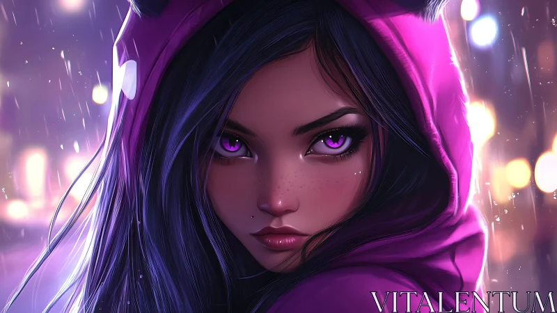 Violet-eyed girl confronts neon night with intense resolve