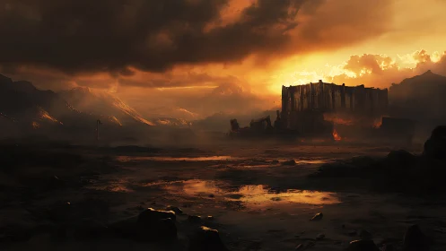 Sunset siege over smoldering fortress in ruined valley.