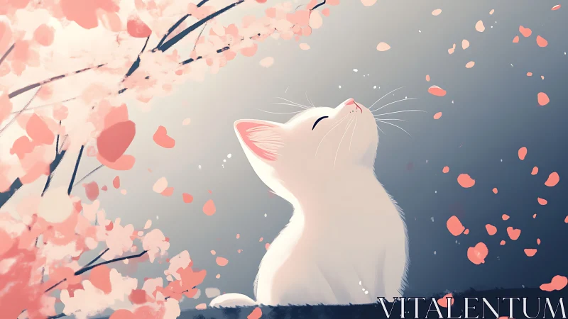 White Cat Gazing at Cherry Blossom Petals in Twilight