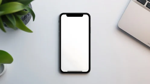 Black smartphone with blank white screen on minimalist desk