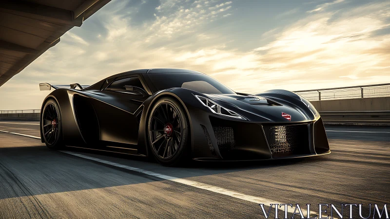 Black hypercar sits on sunlit race track under open sky