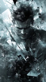 Male digital figure surrounded by fractured glass shards.