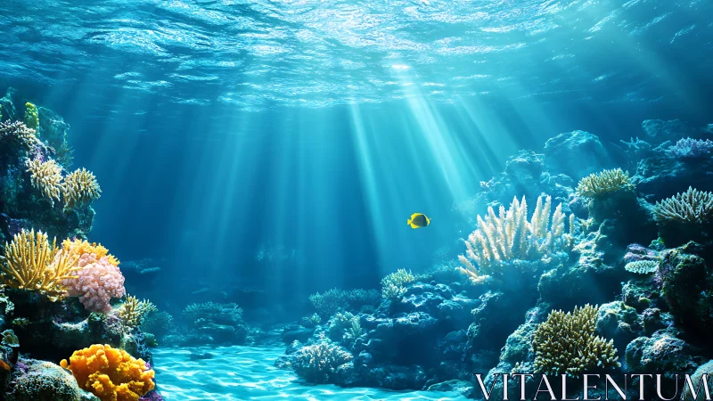 Sunlit coral reef glows beneath clear tropical ocean waters.