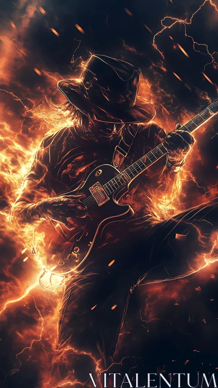 Flaming guitarist carves molten riffs through stormlit void